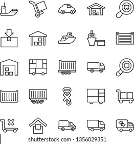 Thin Line Icon Set - sea shipping vector, truck trailer, cargo container, car delivery, port, consolidated, warehouse storage, no trolley, hook, package, search, moving