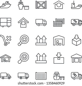 Thin Line Icon Set - sea shipping vector, cargo container, car delivery, port, consolidated, warehouse storage, up side sign, no trolley, package, search, moving