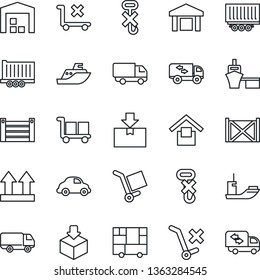 Thin Line Icon Set - sea shipping vector, truck trailer, car delivery, port, container, consolidated cargo, warehouse storage, up side sign, no trolley, hook, package, moving
