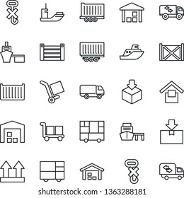 Thin Line Icon Set - sea shipping vector, truck trailer, cargo container, car delivery, port, consolidated, warehouse storage, up side sign, no hook, package, moving