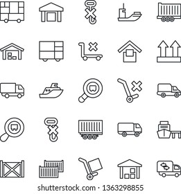 Thin Line Icon Set - sea shipping vector, truck trailer, cargo container, car delivery, port, consolidated, warehouse storage, up side sign, no trolley, hook, search, moving