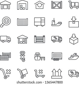 Thin Line Icon Set - sea shipping vector, truck trailer, cargo container, car delivery, port, consolidated, warehouse storage, up side sign, no trolley, hook, package, search, moving