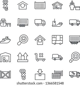 Thin Line Icon Set - sea shipping vector, truck trailer, cargo container, car delivery, port, consolidated, warehouse storage, up side sign, no trolley, hook, package, search, moving