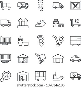 Thin Line Icon Set - sea shipping vector, truck trailer, car delivery, port, container, consolidated cargo, up side sign, no trolley, hook, warehouse, search, moving