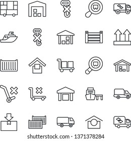Thin Line Icon Set - sea shipping vector, cargo container, car delivery, port, consolidated, warehouse storage, up side sign, no trolley, hook, package, search, moving