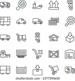 Thin Line Icon Set - sea shipping vector, truck trailer, cargo container, car delivery, port, consolidated, up side sign, no trolley, hook, package, search, warehouse, moving