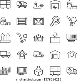 Thin Line Icon Set - sea shipping vector, truck trailer, cargo container, car delivery, port, consolidated, warehouse storage, up side sign, no trolley, package, search, moving