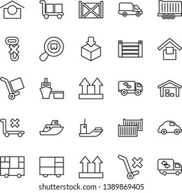 Thin Line Icon Set - sea shipping vector, truck trailer, cargo container, car delivery, port, consolidated, warehouse storage, up side sign, no trolley, hook, package, search, moving