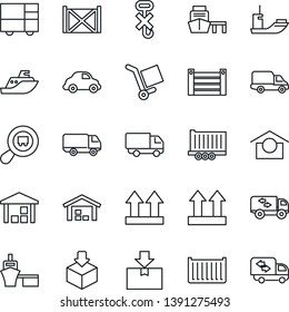 Thin Line Icon Set - sea shipping vector, truck trailer, cargo container, car delivery, port, consolidated, warehouse storage, up side sign, no hook, package, search, moving