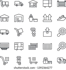 Thin Line Icon Set - sea shipping vector, truck trailer, cargo container, car delivery, port, consolidated, up side sign, no trolley, hook, warehouse, package, search, moving