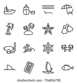 Thin line icon set : sea shipping, port, lounger, palm, island, starfish, flippers, diving mask, surfer, handwheel, hammock, shark flipper, inflatable mattress, windsurfing, fish