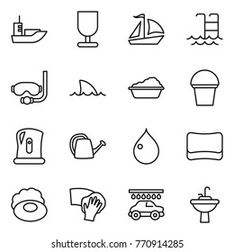 Thin line icon set : sea shipping, fragile, sail boat, pool, diving mask, shark flipper, washing, bucket, kettle, watering can, drop, sponge, soap, wiping, car wash, water tap sink