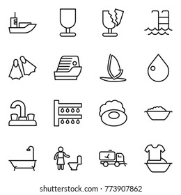 Thin line icon set : sea shipping, fragile, broken, pool, flippers, cruise ship, windsurfing, drop, water tap, watering, soap, foam basin, bath, toilet cleaning, home call, handle washing
