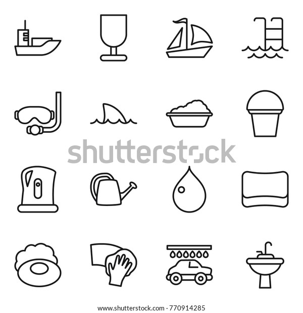 Thin line\
icon set : sea shipping, fragile, sail boat, pool, diving mask,\
shark flipper, washing, bucket, kettle, watering can, drop, sponge,\
soap, wiping, car wash, water tap\
sink