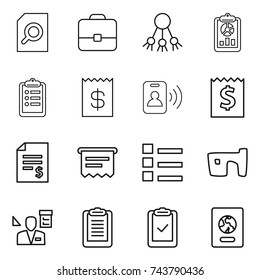 thin line icon set : search document, portfolio, share, report, clipboard, receipt, pass card, account balance, atm, list, slum, architector, check, passport