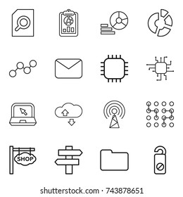 thin line icon set : search document, report, diagram, circle, graph, mail, chip, notebook, cloude service, antenna, shop signboard, singlepost, documents, do not distrub