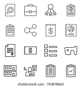 thin line icon set : search document, portfolio, share, report, clipboard, receipt, annual, account balance, list, slum, modular house, architector, check