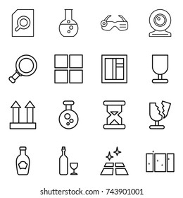 thin line icon set : search document, round flask, smart glasses, web cam, magnifier, window, fragile, cargo top sign, chemical, sand clock, broken, ketchup, wine, clean floor