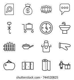thin line icon set : search document, money bag, team, message, do not hook sign, baggage trolley, watch, sink, fence, pan, apron, cook glove, tomato, clean window, paper towel, kitchen cleaning