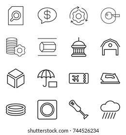 thin line icon set : search document, money message, around gear, cell corection, virtual mining, nano tube, goverment house, barn, 3d, insurance, ticket, iron, inflatable pool, ring button, blender