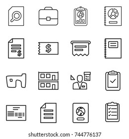 thin line icon set : search document, portfolio, report, annual, account balance, receipt, atm, copybook, slum, modular house, architector, clipboard check, invoice, passport, list