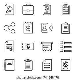 thin line icon set : search document, portfolio, report, clipboard, share, receipt, pass card, account balance, atm, list, copybook, passport