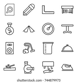 thin line icon set : search document, pencil, ruler, gas station, chemical, tent, barometer, table, speaker, vacuum cleaner, measuring cup, meal cap, soil cutter, water pump, hand dryer, iron