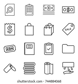 thin line icon set : search document, clipboard, money, receipt, shopping bag, sale label, ticket, copybook, check, documents, towels, paper towel, hand dryer