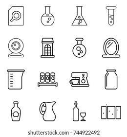 thin line icon set : search document, round flask, vial, web cam, building, chemical, mirror, measuring cup, spices, coffee maker, bank, ketchup, jug, wine, clean window
