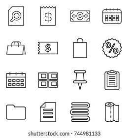 thin line icon set : search document, receipt, money, calendar, shopping bag, percent, panel house, pin, clipboard, documents, towels, paper towel