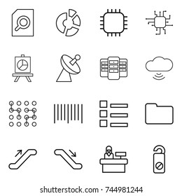 thin line icon set : search document, circle diagram, chip, presentation, satellite antenna, server, cloud wireless, bar code, list, documents, escalator, reception, do not distrub