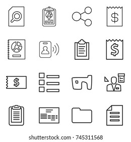 thin line icon set : search document, report, share, receipt, annual, pass card, clipboard, list, slum, architector, invoice, documents