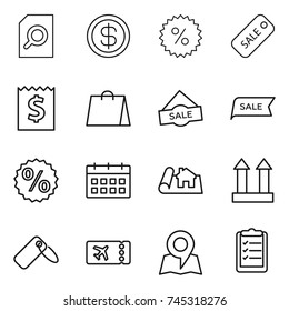 thin line icon set : search document, dollar, percent, sale, receipt, shopping bag, calendar, project, cargo top sign, label, ticket, map, clipboard list