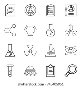 thin line icon set : search document, target audience, clipboard, annual report, molecule, hex, round flask, virus, nuclear, microscope, eye identity, vial, lunar rover, magnifier
