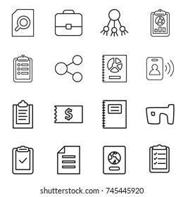 thin line icon set : search document, portfolio, share, report, clipboard, annual, pass card, receipt, copybook, slum, check, passport, list