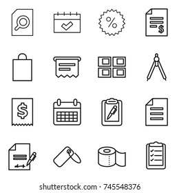 thin line icon set : search document, calendar, percent, account balance, shopping bag, atm receipt, panel house, drawing compasses, tax, clipboard pen, inventory, label, toilet paper, list