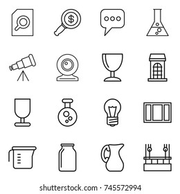 thin line icon set : search document, dollar magnifier, message, flask, telescope, web cam, wineglass, building, fragile, chemical, bulb, window, measuring cup, bank, jug, skysrcapers cleaning