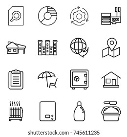 thin line icon set : search document, circle diagram, around gear, mall, house with garage, palace, delivery, map, clipboard, lounger, safe, home, radiator, kitchen scales, cleanser, washing powder