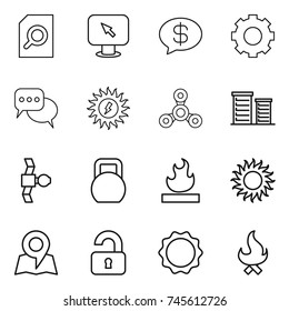 thin line icon set : search document, monitor arrow, money message, gear, discussion, sun power, spinner, district, satellite, heavy, flammable, map, unlocked, induction oven, fire