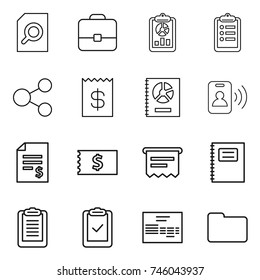 thin line icon set : search document, portfolio, report, clipboard, share, receipt, annual, pass card, account balance, atm, copybook, check, invoice, documents
