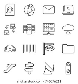 thin line icon set : search document, circle diagram, mail, notebook, connect, server, cloud wireless, smart glasses, bar code, shop signboard, documents, escalator, signpost, satellite antenna