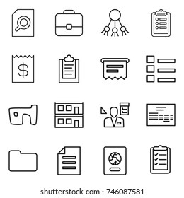 thin line icon set : search document, portfolio, share, clipboard, receipt, atm, list, slum, modular house, architector, invoice, documents, passport