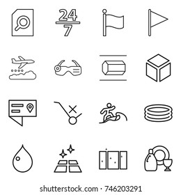 thin line icon set : search document, 24 7, flag, weather management, smart glasses, nano tube, 3d, location details, do not trolley sign, surfer, inflatable pool, drop, clean floor, window