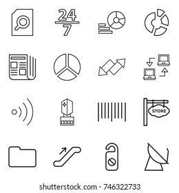 thin line icon set : search document, 24 7, diagram, circle, newspaper, up down arrow, notebook connect, wireless, crystall memory, bar code, store signboard, documents, escalator, do not distrub