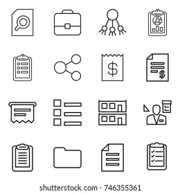 thin line icon set : search document, portfolio, share, report, clipboard, receipt, account balance, atm, list, modular house, architector, documents