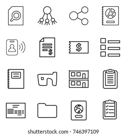 thin line icon set : search document, share, annual report, pass card, account balance, receipt, list, copybook, slum, modular house, clipboard, invoice, documents, passport