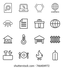 thin line icon set : search document, notebook, hex molecule, globe connect, ufo, hi quality package, home, thermometer, garage, radiator, repair tools, fork spoon plate, fire, dry wash