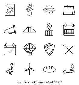 thin line icon set : search document, bulb, ufo, shopping bag, loudspeaker, pyramid, map, calendar, terms, parachute delivery, shield, iron board, goose, windmill, bread, hand and drop