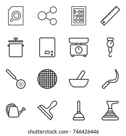 thin line icon set : search document, share, abacus, ruler, pan, kitchen scales, handle, skimmer, sieve, mortar, sickle, watering can, scraper, plunger