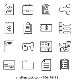 thin line icon set : search document, portfolio, report, share, receipt, clipboard, list, copybook, slum, modular house, architector, invoice, documents